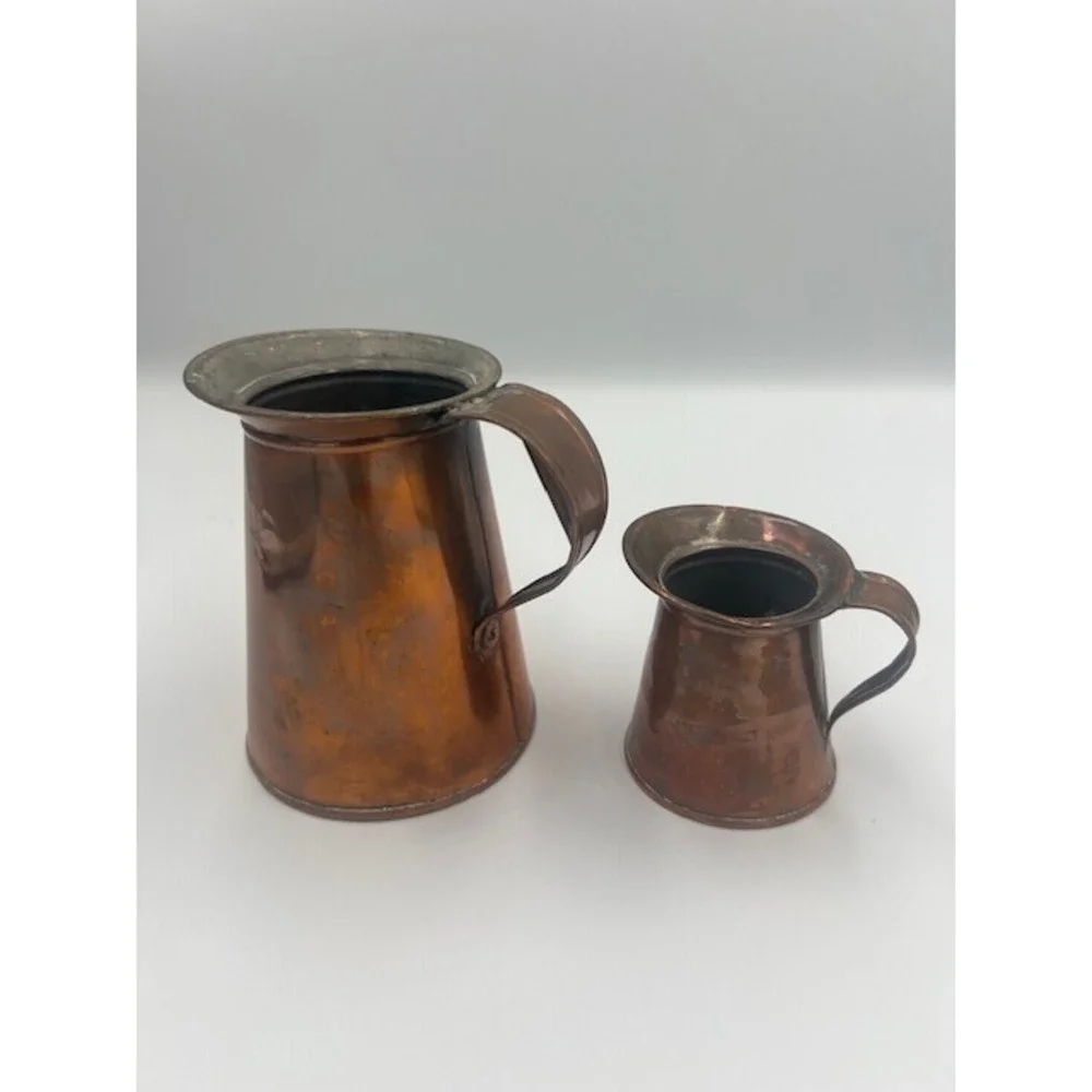 Vintage Copper Pitcher Set of 2 Rustic Farmhouse Decorative Jugs Patina 5